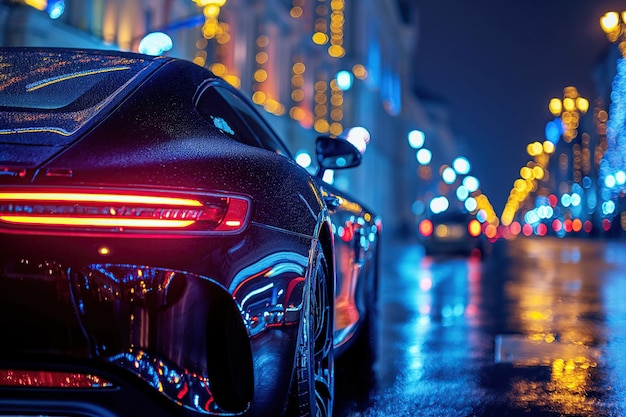 luxury modern blue car in the city on the road at night Taillight