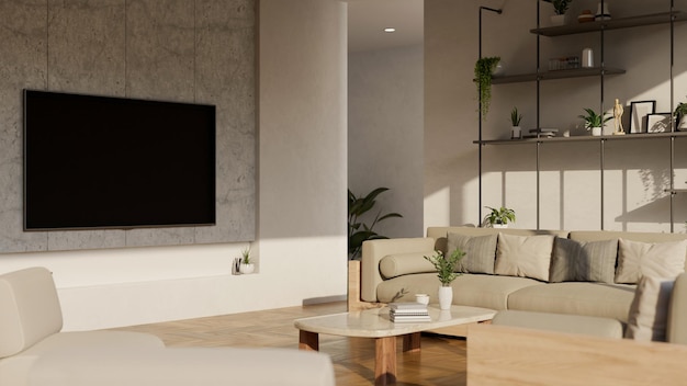 Luxury modern contemporary living room with beige sofa coffee table TV screen on marble wall