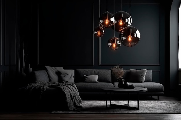 luxury modern dark living room interior mock up of a black empty wall