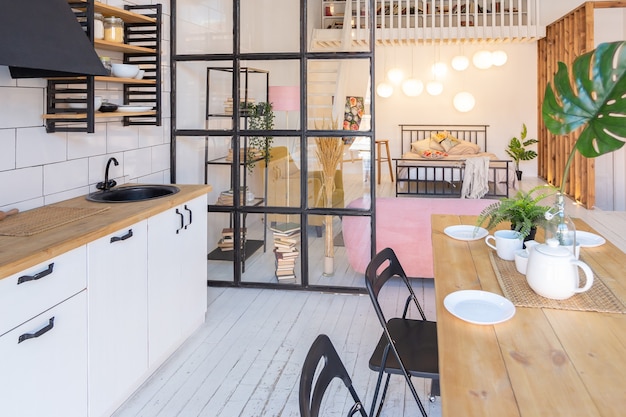 Luxury modern design of a cozy small Scandinavian-style studio apartment