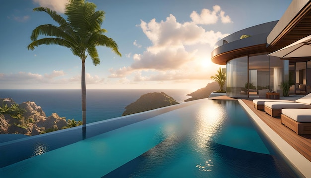 luxury modern designer villa with pool ocean view photorealistic travel poster