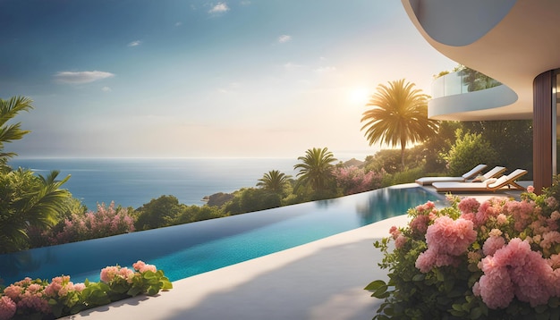 luxury modern designer villa with pool ocean view photorealistic travel poster