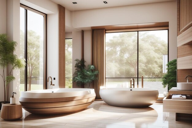 Роскошный современный интерьер домашней ванной комнаты со светлыми стенами и окнами, деревянной мебелью и раковиной с зеркальной ванной 3d рендеринг