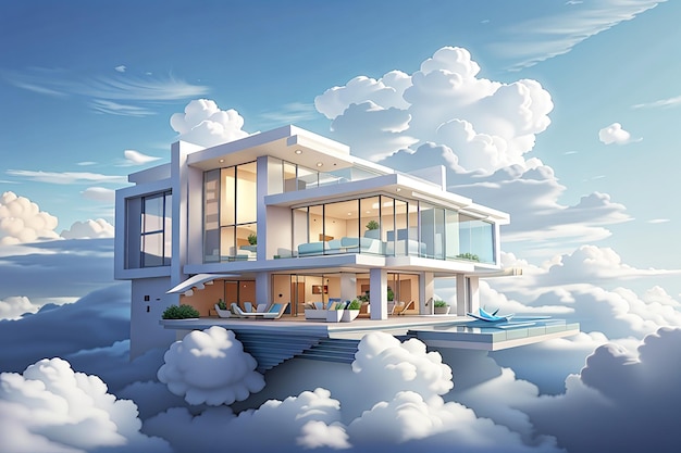 雲の中の豪華なモダンな家の夢の家の 3 d レンダリング図