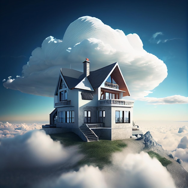 雲の中の豪華なモダンな家の夢の家 3 d レンダリング図