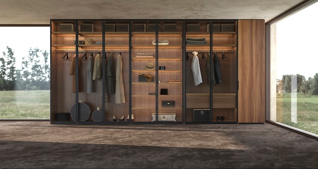 Luxury modern interior design large wooden wardrobe with\
clothes 3d rendering illustration