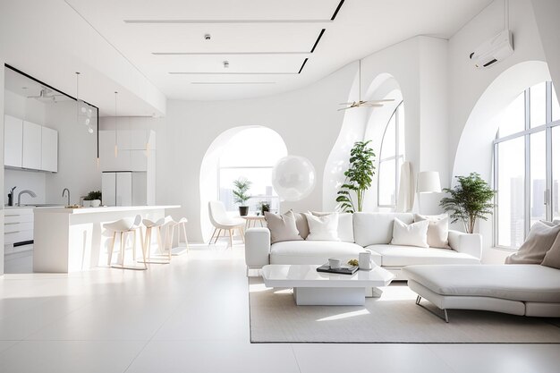 写真 ミニマリストスタイルの白いスタジオアパートの ⁇ 沢な近代的なインテリアデザイン