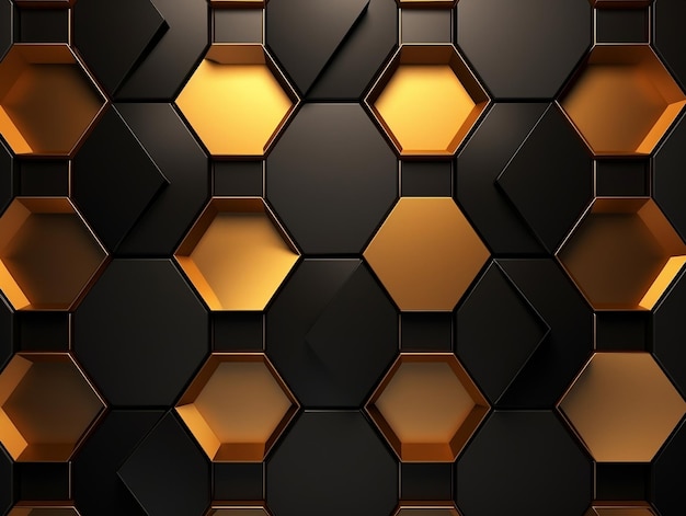황금색과 검은색의 매끄러운 육각형 기하학적 모양을 갖춘 고급스럽고 현대적인 인테리어