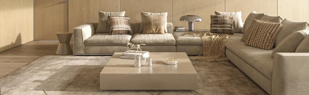 Luxury modern japandi style interior design livingroom 3d render illustration