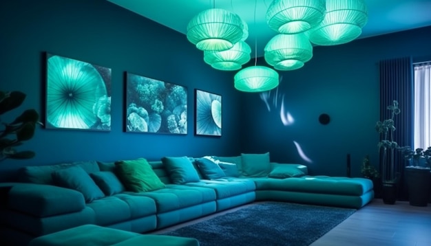 Luxury modern living room illuminated with blue lighting generative AI