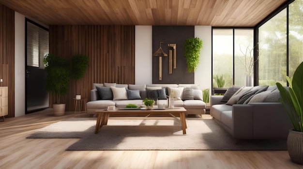 Роскошный современный интерьер гостиной с деревянным декором в эко-стиле