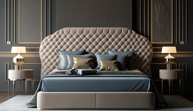 Роскошный современный дизайн интерьера каркаса кровати в главной спальне AI Сгенерированное изображение