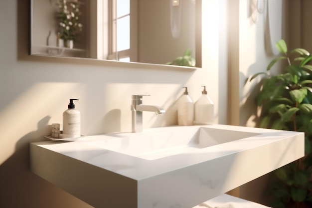 Роскошная современная зеркальная раковина, прилавок, интерьер дома, смеситель для ванной, солнечный дизайн, Generative AI