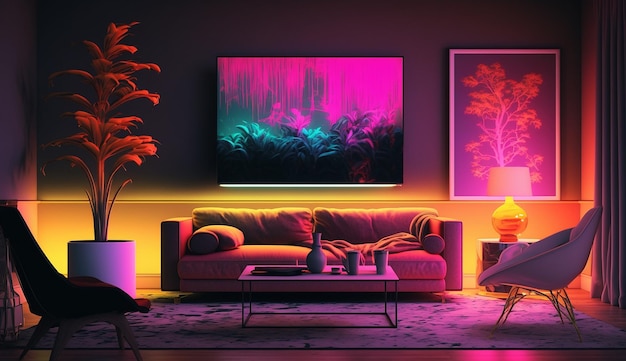 Luxury modern neon decor living room interior design AI Generated image