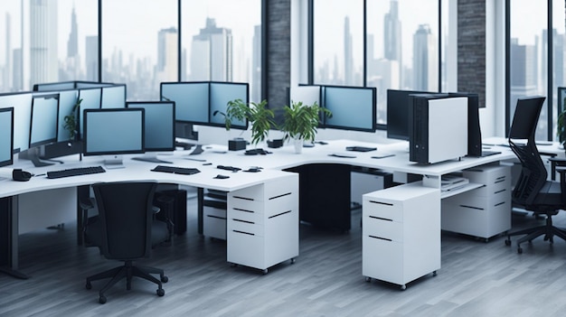 Роскошное современное офисное помещение с настольными компьютерами и современными компьютерами