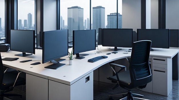 Foto lusso spazio ufficio moderno con desktop con computer moderni