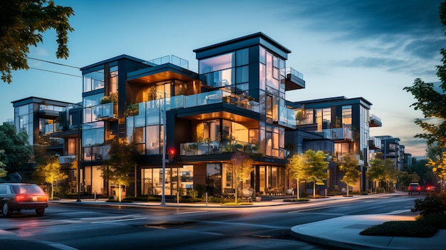 Photo luxury modern residential buildings in downtown of vancouver bc canada sunset time