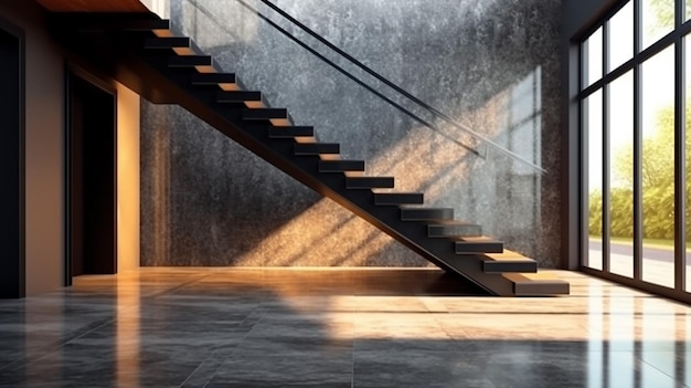 Luxury modern U shape gray texture granite stone stair staircase tempered glass panel Generative AI