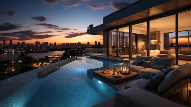 Luxury Modern Villa Boasts a Rooftop Pool Offering Sunset Views Overlooking the Skyline