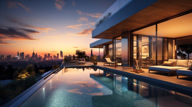 Luxury Modern Villa Boasts a Rooftop Pool Offering Sunset Views Overlooking the Skyline