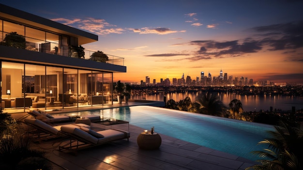 Luxury Modern Villa Boasts a Rooftop Pool Offering Sunset Views Overlooking the Skyline