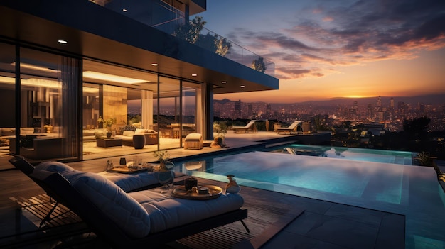 Photo luxury modern villa boasts a rooftop pool offering sunset views overlooking the skyline