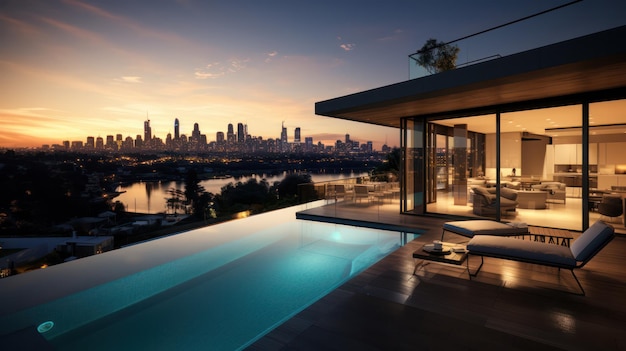 Luxury Modern Villa Boasts a Rooftop Pool Offering Sunset Views Overlooking the Skyline