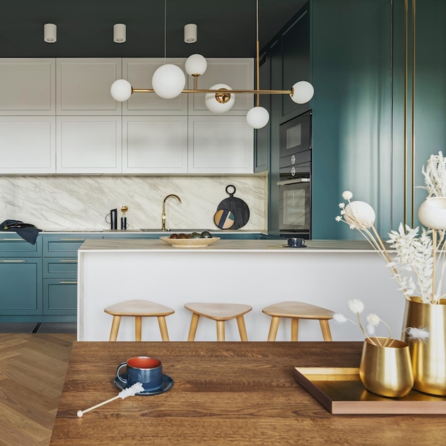 Luxury modern and vintage turquoise interior Marble kitchen island with wooden chockers Brown wooden table with metalic tray and metalic gold vase with white decorations