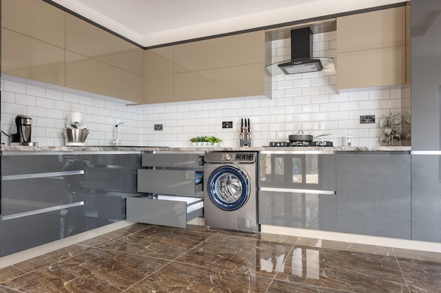 Luxury modern white, beige and grey kitchen interior