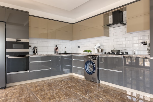 Luxury modern white, beige and grey kitchen interior