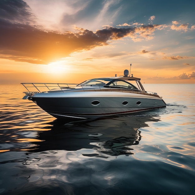 Luxury motor boat sailing on sea at dawn