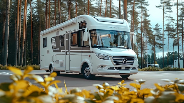 Luxury motorhome parked amidst serene forest an escape into the wild ideal for travel and adventure AI