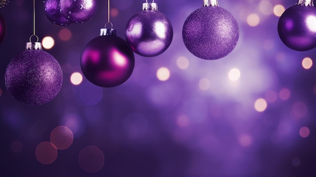 Luxury New Year's balls and toys on a purple background with bokeh lights on Christmas Eve