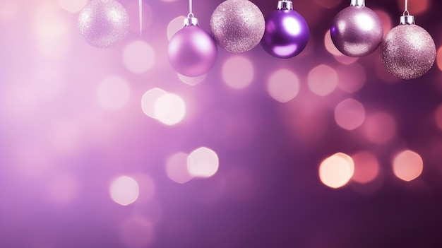 Luxury New Year's balls and toys on a purple background with bokeh lights on Christmas Eve