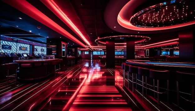 Роскошный ночной клуб с футуристическим световым оборудованием и сценой, созданной искусственным интеллектом