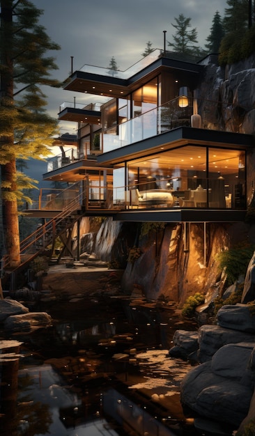 a luxury nordic home with at dawn