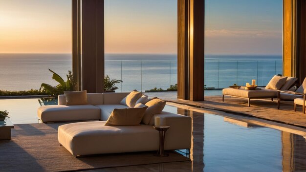 Photo luxury oceanfront home at sunset