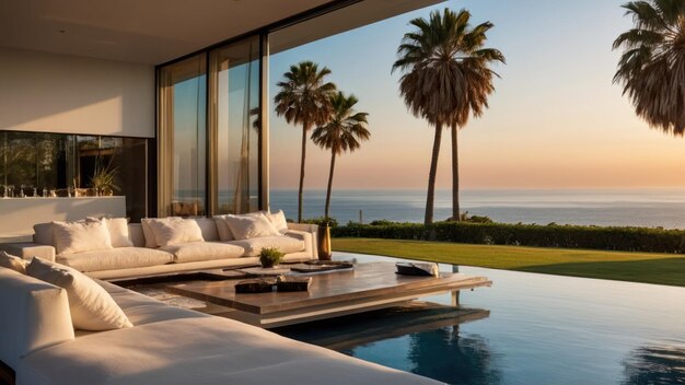 Photo luxury oceanfront home at sunset