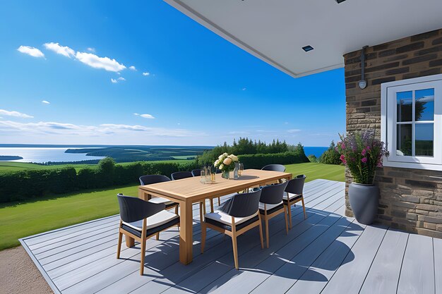 Luxury outdoor table in cottage area with nature view
