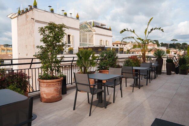 Luxury outdoor terrace with modern furniture in rome