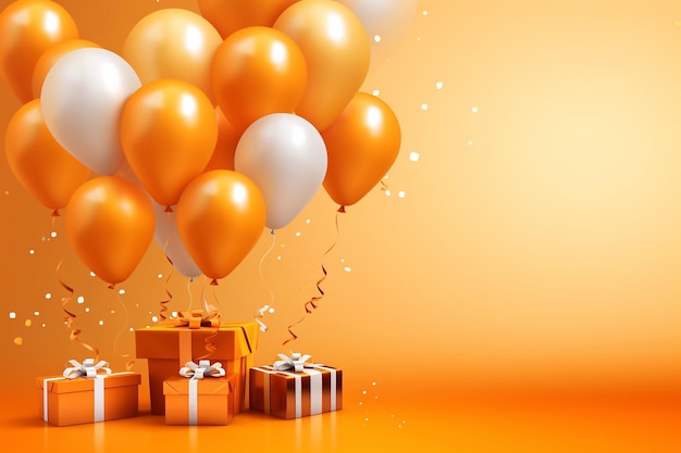 Luxury party balloons confetti and gift boxes on orange background Party or birthday template with