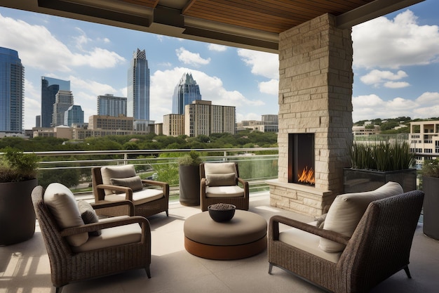 Luxury patio with outdoor lounge furniture fireplace and skyline view