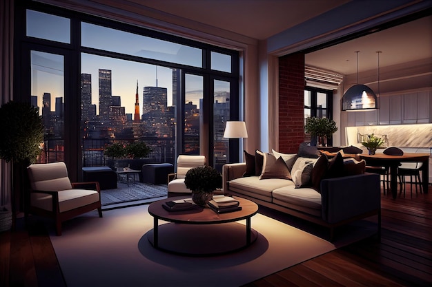 Photo luxury penthouse suite with view of the city skyline and private rooftop terrace