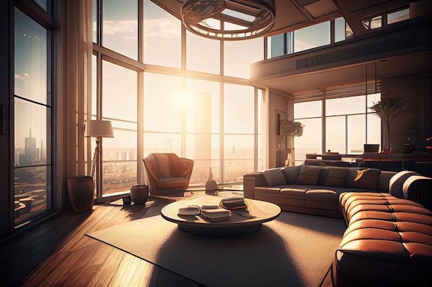 Luxury penthouse with open view of the city sun shining in