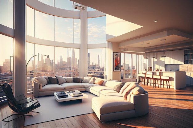 Luxury penthouse with panoramic view of the city skyline and bustling streets below