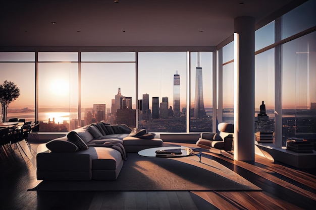 Luxury penthouse with scenic view of the city skyline framed by floortoceiling windows