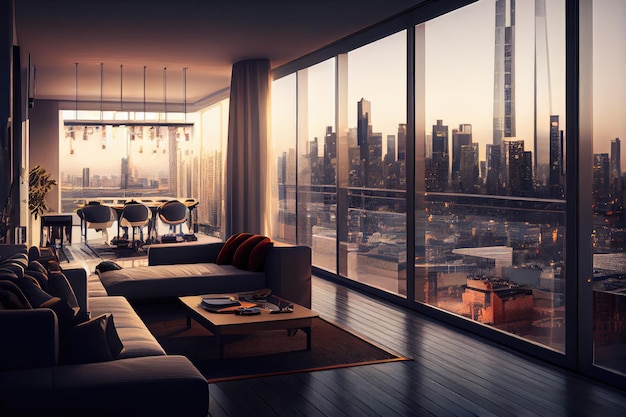 Luxury penthouse with view of bustling cityscape including skyscrapers and busy traffic