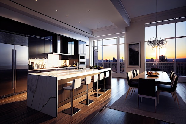 Luxury penthouse with view of the city featuring sleek decor and stateoftheart appliances