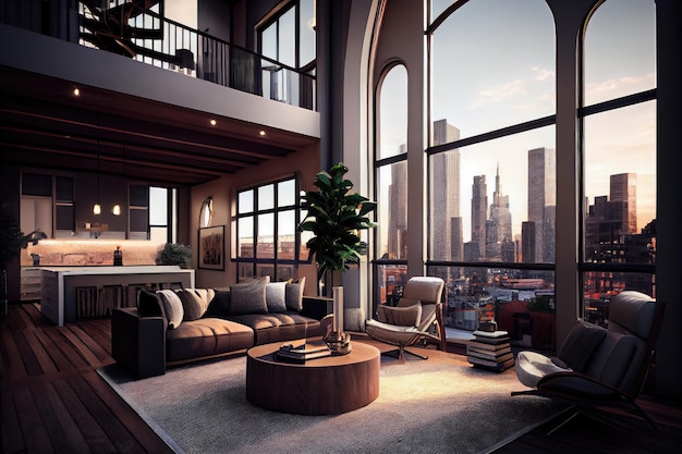 Luxury penthouse with view of the city skyline and bustling streets below