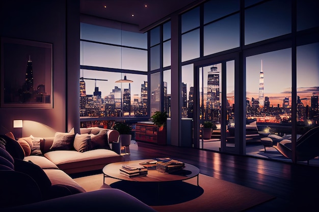 Luxury penthouse with view of the city skyline in the evening with lights shining